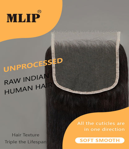 Mlip 5x5 HD Lace Closure Straight, 0.10mm Ultra Thin Invisible Swiss Lace, Skinlike Real HD Lace Melt into Skin Perfectly, Pre-plucked Natural Hairline, Raw Indian Human Hair  Natural Color