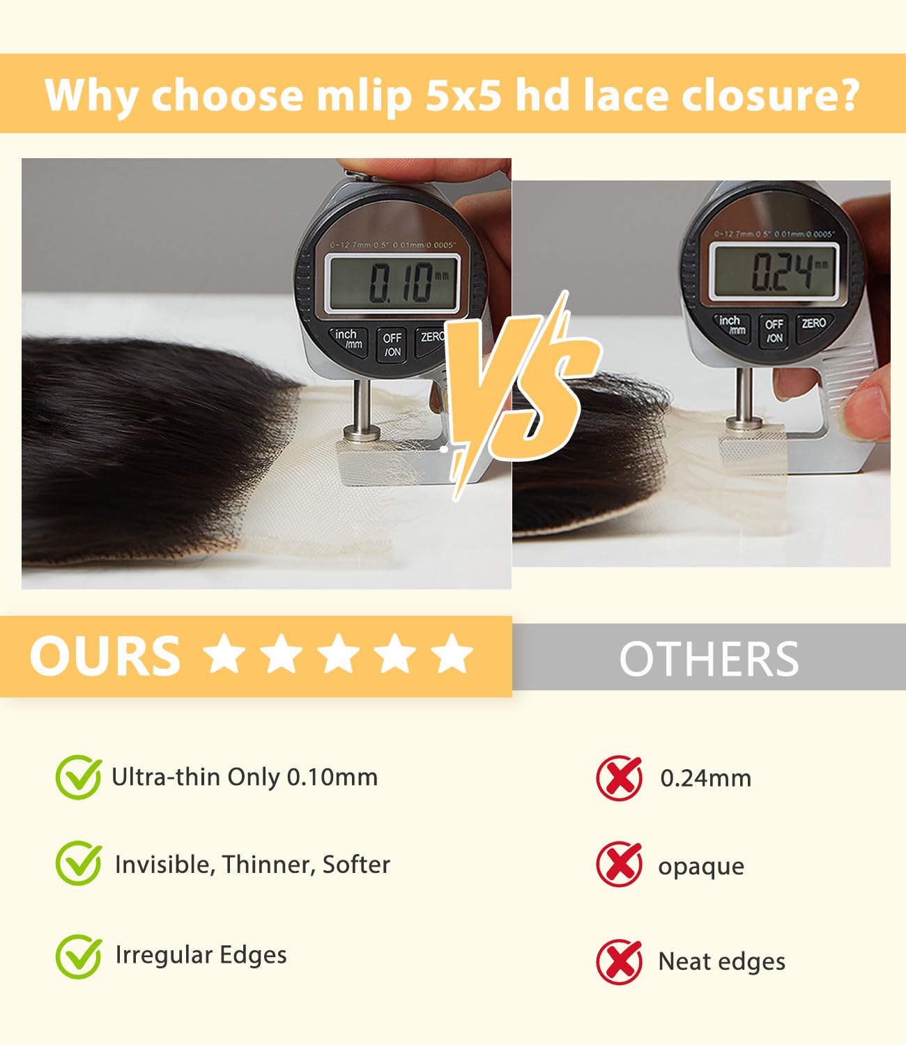 Mlip 2x6 HD Lace Closure Body Wave, 0.10mm Ultra Thin Invisible Swiss Lace, Skinlike Real HD Lace Melt into Skin Perfectly, Pre-plucked Natural Hairline, Raw Indian Human Hair 14 Inches Natural Color