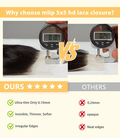 Mlip 2x6 HD Lace Closure Body Wave, 0.10mm Ultra Thin Invisible Swiss Lace, Skinlike Real HD Lace Melt into Skin Perfectly, Pre-plucked Natural Hairline, Raw Indian Human Hair 14 Inches Natural Color