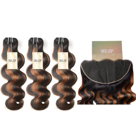 MLIP 5x5/13x6 HD Lace Frontal With 3 Bundles Black Brown Highlight Body Wave 100% Raw Hair Bundles