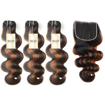 MLIP 5x5/13x6 HD Lace Frontal With 3 Bundles Black Brown Highlight Body Wave 100% Raw Hair Bundles