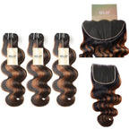 MLIP 5x5/13x6 HD Lace Closure With 3 Bundles Black Brown Highlight Body Wave 100% Raw Hair Bundles