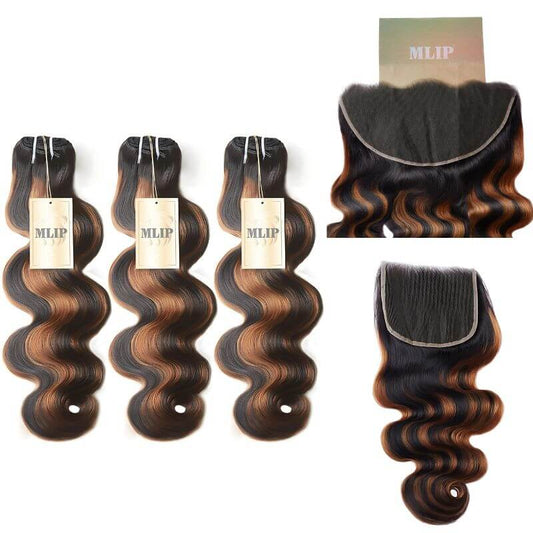 MLIP 5x5/13x6 HD Lace Frontal With 3 Bundles Black Brown Highlight Body Wave 100% Raw Hair Bundles