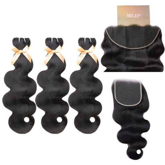 MLIP 5x5/13x6 HD Lace Frontal With 3 Bundles Natural Black Body Wave 100% Raw Hair Bundles