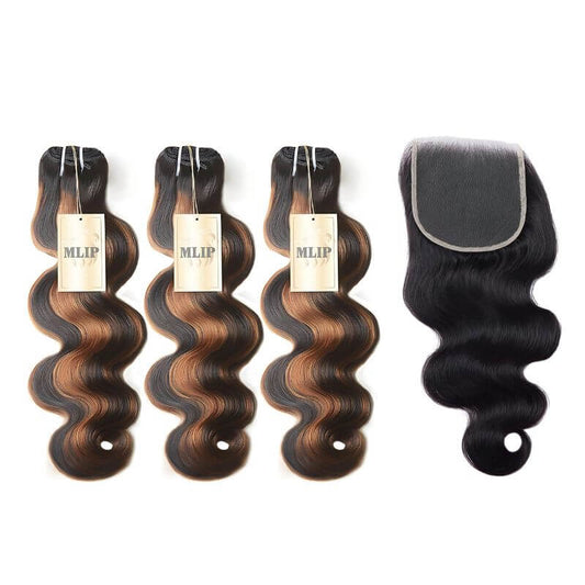 MLIP 5X5 Natural Black Brown Highlight 1 HD Lace Frontal With 3 Bundles Body Wave 15A 100% Raw Hair Bundles