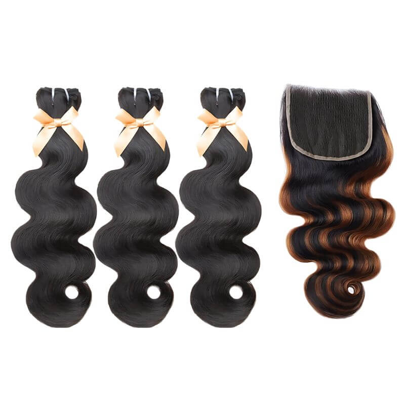 MLIP 5X5 Natural Black Brown Highlight 1 HD Lace Frontal With 3 Bundles Body Wave 15A 100% Raw Hair Bundles