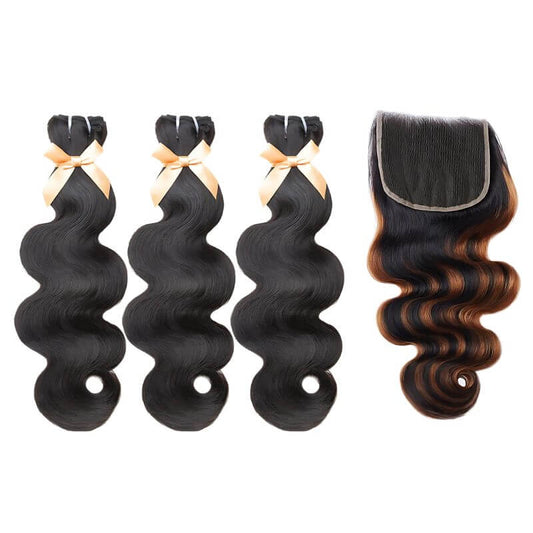 MLIP 5X5 Natural Black Brown Highlight 1 HD Lace Frontal With 3 Bundles Body Wave 15A 100% Raw Hair Bundles