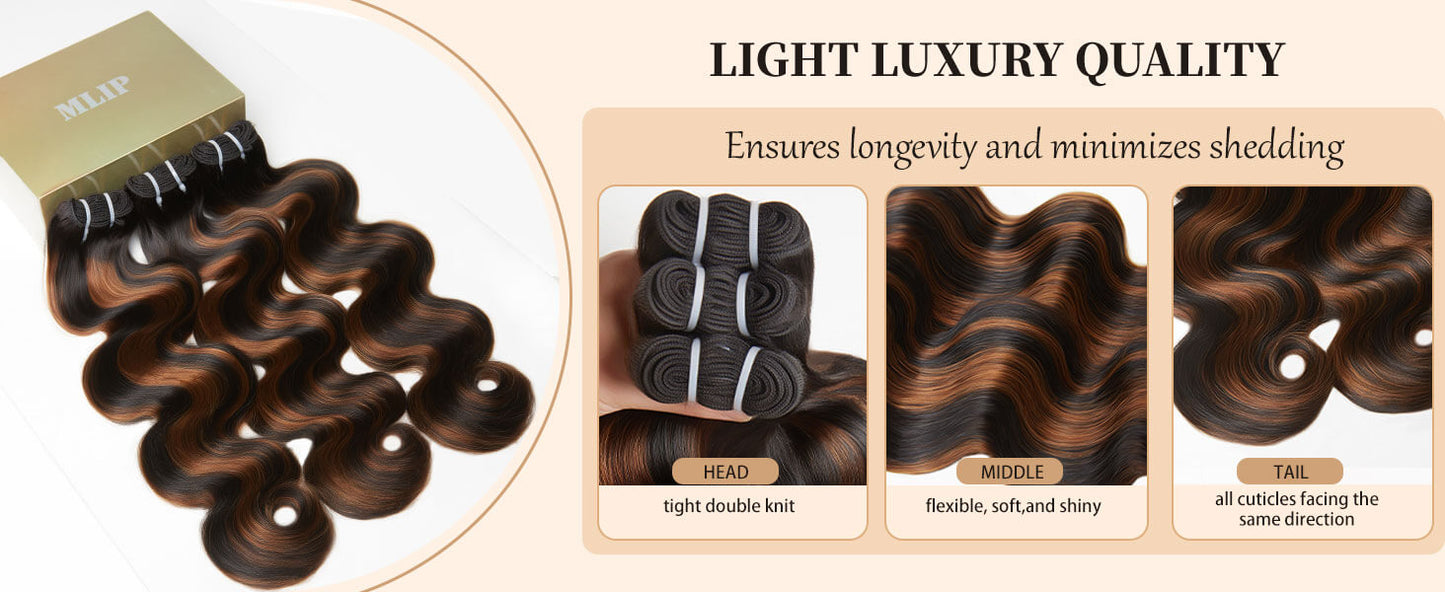 MLIP 4 Bundles Raw 15A Indian Hair 3 Brown Highlight With 1 Natural Black Body Wave 100% Virgin Hair Bundles