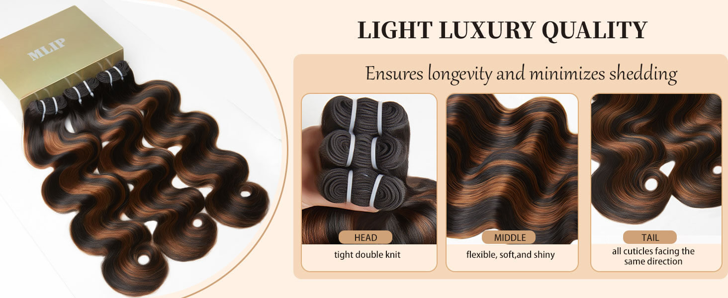 MLIP 4 Bundles Raw 15A Indian Hair 3 Brown Highlight With 1 Natural Black Body Wave 100% Virgin Hair Bundles