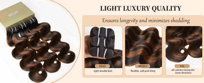 MLIP 4 Bundles Raw 15A Indian Hair 3 Brown Highlight With 1 Natural Black Body Wave 100% Virgin Hair Bundles